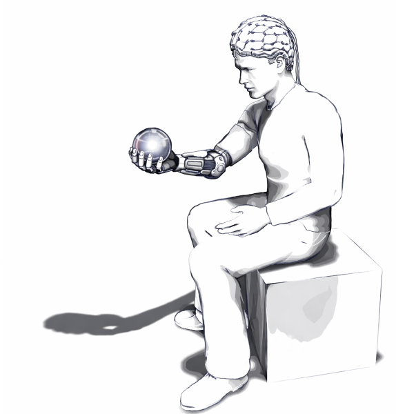 A person with a prosthetic forearm and a neural interface, holding a sphere